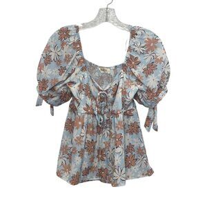 Peach Love Baby Doll Top Puff Sleeves Floral Print Small Blue Brown New WOT
